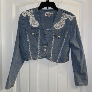 Switch USA Womens Denim Jacket Lace Long Sleeve USA Made Vintage Size Medium